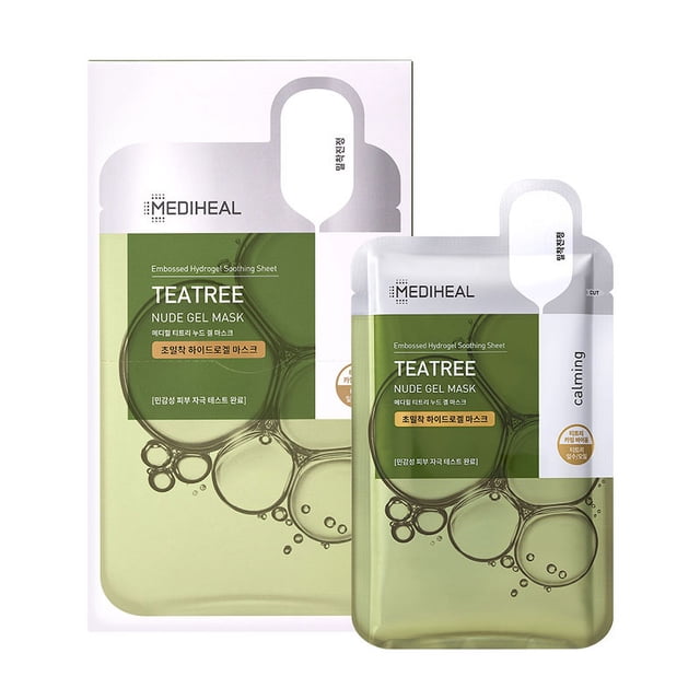 Mediheal Teatree Nude Gel Mask 30ml - 1 BOX / 10 PCS, a hydrogel facial mask designed for skin care, featuring TeaTree Calming Biome™ complex to soothe and balance troubled skin. The packaging displays a green and white design emphasizing its calming and cooling properties.