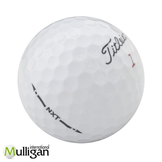 Mulligan - 48 Titleist NXT Mix 5A recycled used golf balls showing a close-up of a single white dimpled golf ball with black 'NXT' and 'Titleist' logos and red number 1, suitable for players of all skill levels and eco-conscious golf practice.