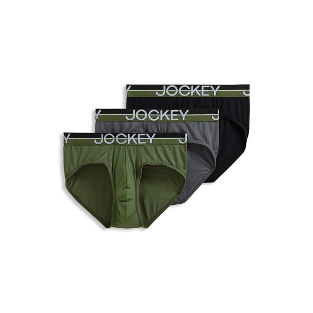Jockey Men's Infinite Cool Microfiber Stretch Brief - 3 Pack featuring mid-rise, moderate coverage briefs in green, gray, and black. Designed with a no-fly design and Heatwick Technology Pouch to wick heat and sweat away, ensuring comfort and coolness. Includes Staycool+ and StayNew technologies for durability and freshness.