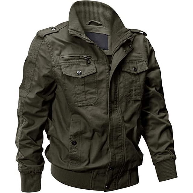 Men‘s Cotton Lightweight Multi Pockets Zip Front Stand Collar Military Jackets Windbreaker