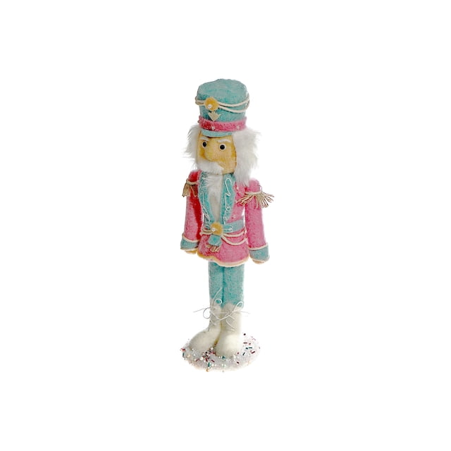 Figurine Casse-Noisette en Bonbon de Laine - Ensemble de 2 Mettant en Vedette un Casse-Noisette Artisanal en Uniforme de Laine Rose pastel et Bleu avec des Détails de Corde Dorée et des Cheveux Blancs Duveteux, Debout 16,93 Pouces de Hauteur sur une base Blanche avec des Vermicelles Colorés, Convient pour la Décoration de Manteau de Cheminée Ou de Table de Noël.