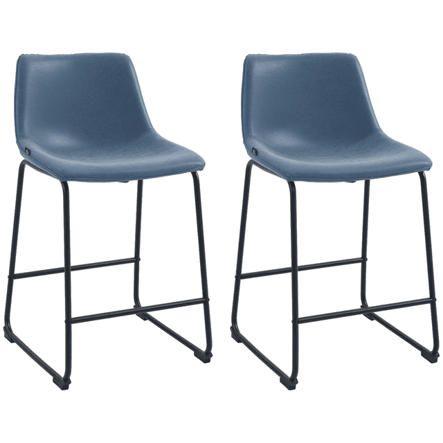 HOMCOM Bar Tabourets, Ensemble de 2, Tabourets de Comptoir avec Dossier en Cuir PU Bleu Foncé. Comprend un Dossier de Taille Moyenne, un Siège Rembourré et un Repose-Pieds pour le Confort. Est Soutenu par des Pieds Robustes en Acier Noir avec des Patins en Plastique pour Protéger les Planchers. Dimensions : 18,5 Pouces de Large, 21,3 Pouces de Profondeur et 34,3 Pouces de Hauteur. Convient aux Hauteurs de Comptoir de 35,8 Pouces. Assemblage Requis.