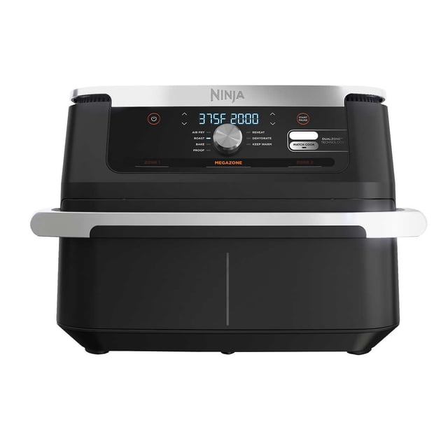 Ninja Foodi FlexBasket Air Fryer with 11-qt MegaZone, designed in black with a digital control panel. It features a removable divider for dual 5.5-qt baskets or a single 11-qt MegaZone for family-sized meals. The air fryer includes 7 cooking functions such as air fry, bake, roast, proof, reheat, keep warm, and dehydrate. DualZone Technology allows cooking two foods with different settings or syncing them. The nonstick crisper plates and basket are dishwasher safe for easy cleaning.