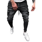 Men's Jeans Mens Fashion Casual Pocket Drawstring Waist Solid Color Slim Toe Jeans Pants Jeans Moto Homme Black XL