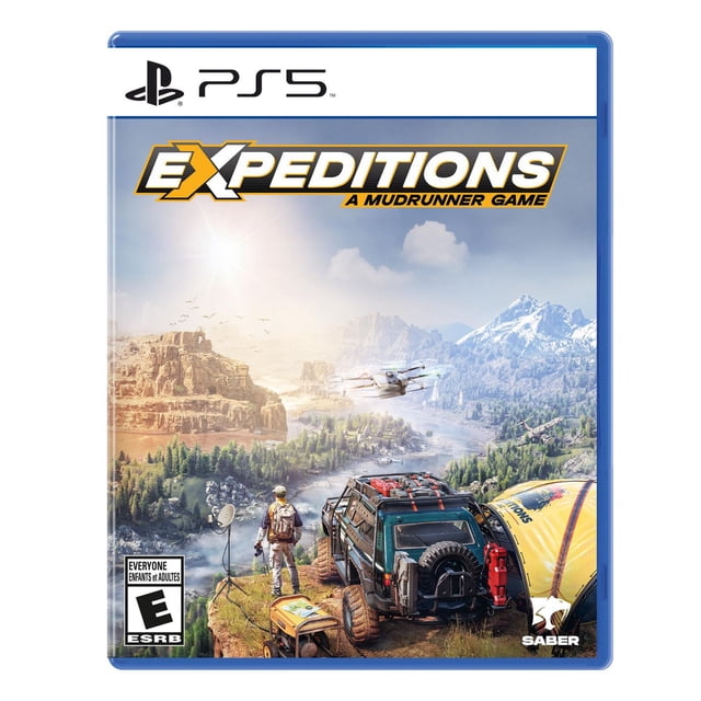 Expeditions : une Couverture de Jeu MudRunner (PS5) Mettant en Vedette un Véhicule Tout-Terrain Vert Chargé d'Équipement Stationné sur une Falaise Surplombant une Vallée de Rivière avec des Forêts et des Montagnes Enneigées, un drone Volant au-Dessus, et une Personne avec un Sac à Dos Près d'Équipement satellite et une Tente Jaune.