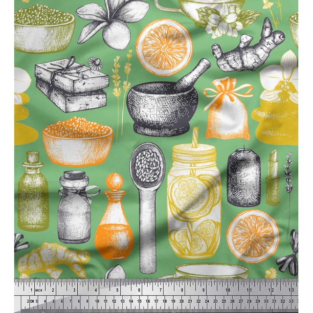 Soimoi polyester Crepe Fabric Ginger,Jar & Mortar and Pestle Kitchen Printed Fabric 1 Yard 42 Inch Wide