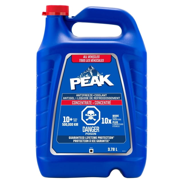 PEAK Concentré Antigel et de Liquide de Refroidissement All Veh Conc CND dans une Pichet Bleue de 3,78 L avec Capuchon Rouge, Formulé pour Protéger Tous les Métaux du Système de Refroidissement du Véhicule, Y Compris l'Aluminium, Offrant une protection de Plus de 10 Ans Ou 500 000 km avec 10 Fois Plus d'Inhibiteurs de Tartre et des Avertissements de Sécurité Bilingues.