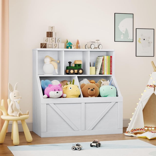 Kids Toy Storage Organizer and Bookshelf, Toddler Toy Cabinet with Shelves and Bins, Multifunctional Bookcase and Toy Organizer for Playroom, Bedroom, Nursery, School & Kindergarten
