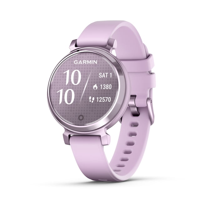 Garmin Lily 2 Montre Intelligente et Traqueur de Mise en Forme Lilas avec Écran Tactile Rond Indiquant l'Heure, la date, les calories Brûlées et le Nombre de Pas, Dotée d'Un Objectif à Motifs et d'Un Bracelet en silicone Souple, Idéale pour la Technologie Portable et le Suivi de la Mise en Forme avec notifications Intelligentes.
