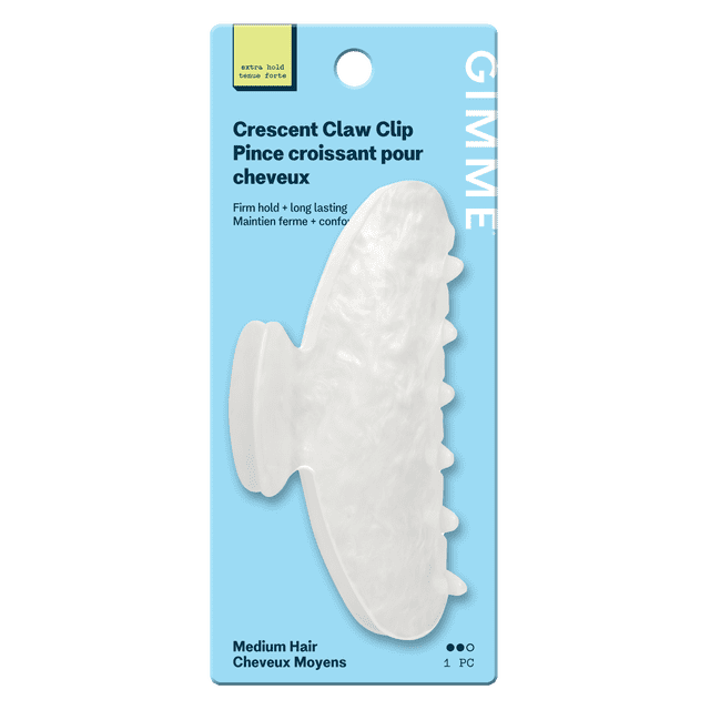 Crescent Claw Clip for medium hair by Gimme, a pearlescent white acrylic hair accessory with a firm, long-lasting hold and comfortable grip, designed to prevent hair pulling, displayed on blue packaging with English and French text highlighting its extra hold feature.