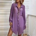 thumbnail image 2 of Robe Chemise Mini d'Été Unie à Manches Longues pour Femme, Col à Revers, Simple Boutonnage, Décontractée, Ample, Blouse, Robe Courte pour Femme, 2 of 7