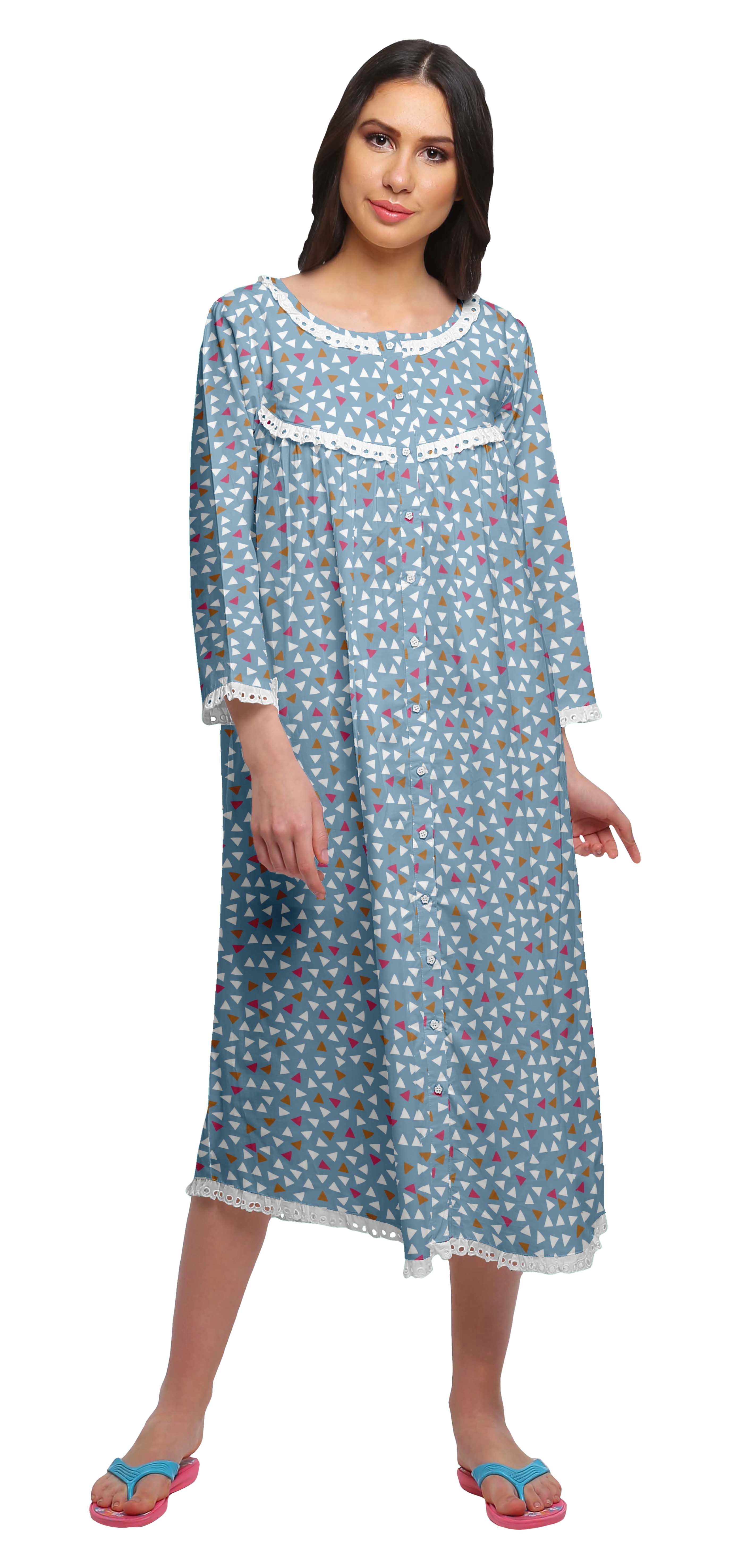 Moomaya Robe de Nuit Imprimée Longueur Genou en Coton avec Bordure en Dentelle Manches 3/4 pour Femmes