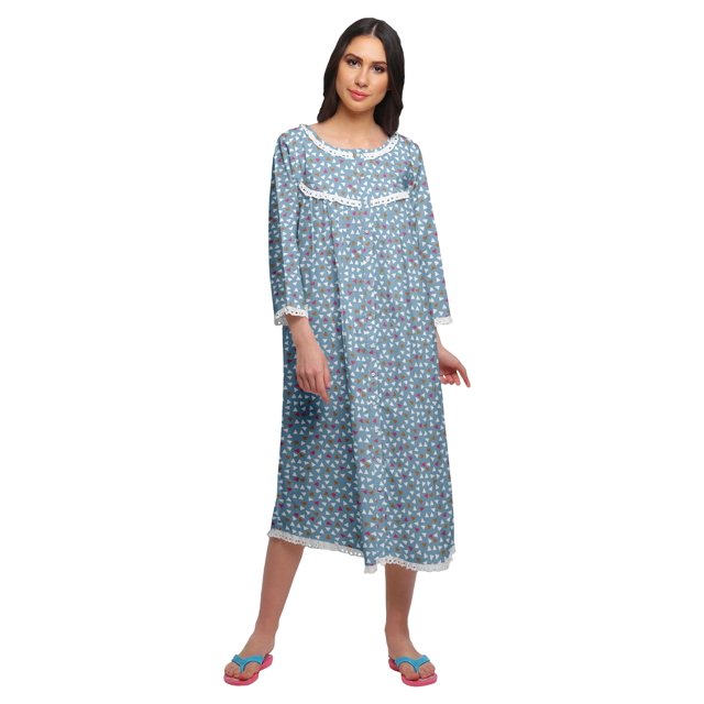 Moomaya Robe de Nuit Imprimée Longueur Genou en Coton avec Bordure en Dentelle Manches 3/4 pour Femmes