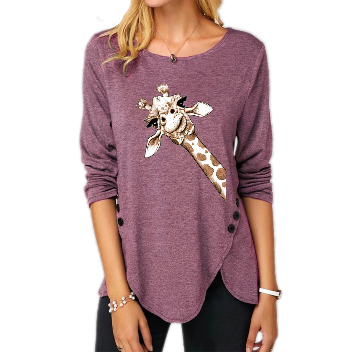 Women's Irregular Button Long Sleeve Round Neck Print T-shirt