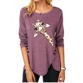 thumbnail image 1 of Women's Irregular Button Long Sleeve Round Neck Print T-shirt, 1 of 1