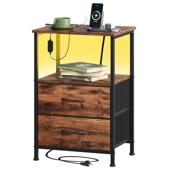 Eunos Table de Chevet à 2 Tiroirs avec Station de Recharge, Éclairage DEL et Tablette Ouverte pour Chambre à Coucher, Motif Imitation Bois