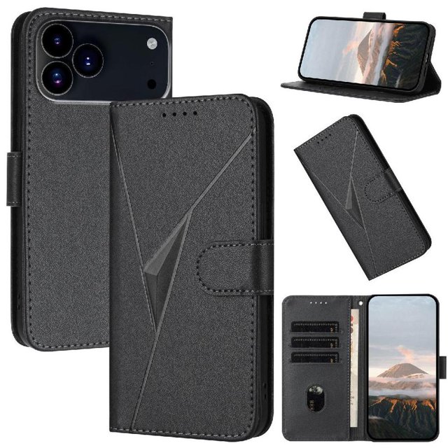 Étui à Rabat Premium pour iPhone 17 Pro Texture Fibre de Carbone, Support et Fermoir Magnétique Noir