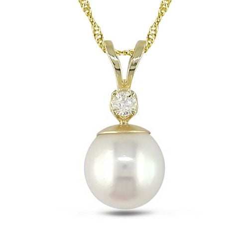 Miabella 7-7.5 mm Freshwater Cultured Pearl and 0.03 ct Diamond Pendant in 14 K Yellow Gold with 17 inch 14 K Gold Link Chain