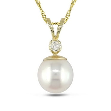 Miabella 7-7.5 mm Freshwater Cultured Pearl and 0.03 ct Diamond Pendant in 14 K Yellow Gold with 17 inch 14 K Gold Link Chain