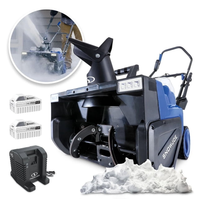 Snow Joe 48V Brushless Cordless Single-Stage Snow Blower 24V-X2-SB22 shown in a front 3/4 view with black and blue body, rubber-tipped steel auger clearing a 22-inch wide path, adjustable chute rotating 180º to throw snow up to 25 feet, two 24V 8.0 Ah lithium-ion batteries, and dual port charger. Inset shows cordless snow blower clearing snow on a driveway with LED headlights for safer nighttime use.