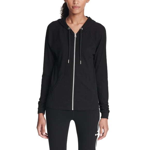 Calvin Klein Women's Premium Performance Ruched Long Sleeve Zip Up Hoodie (Standard and Plus), Black, Medium