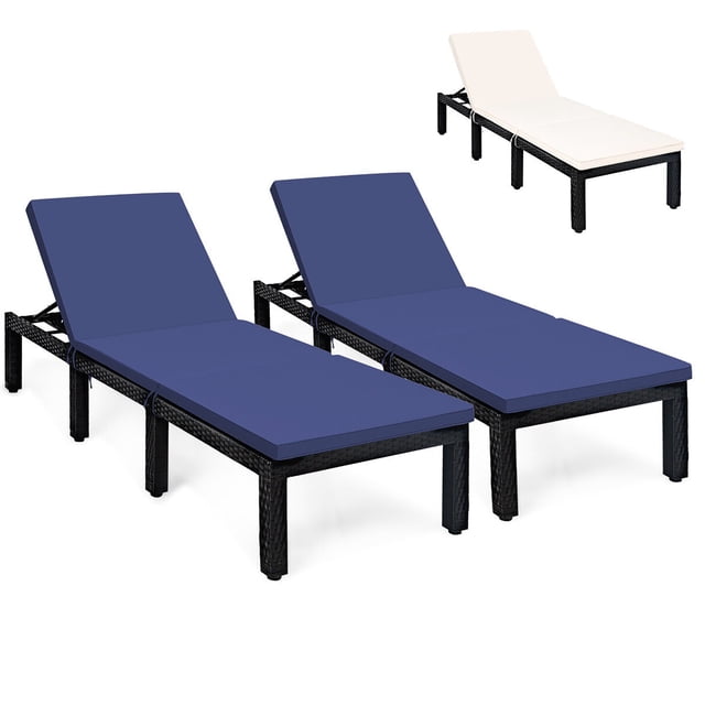 Gymax Lot de 2 Chaises Longues de Patio en Rotin avec Coussin Réglable Bleu Marine et Blanc Cassé