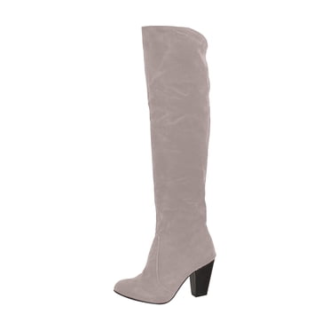 jovati Women Boots Slip-on High Heels Solid Color Winter Warm Knee High Round Toe Suede Boots