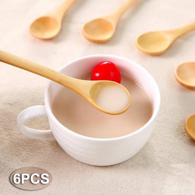 Oleegame 1PC Stainless Steel Cutlery Set 6Pcs Wooden Spoon Size Multi Purpose Teaspoon Seasoning Coffee Tea Sugar Jam Spoons Rounded Spoon Mouth Kitchen Wooden Spoon For Porridge Beige