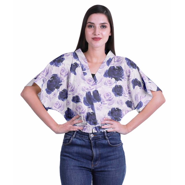 Moomaya Hauts Cache-Cœur pour Femmes Imprimés Taille Élastique Manches Boxy Blouse Cache-Cœur Décontractée