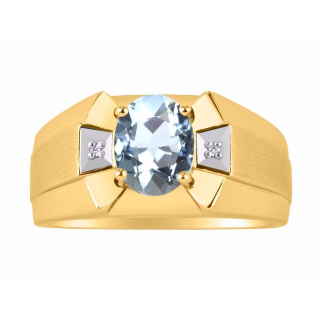 RYLOS Men's Rings Yellow Gold Plated Silver Rings Classic Designer 9X7MM Gemstone & Diamond Ring Aquamarine March Birthstone Ring Size 10