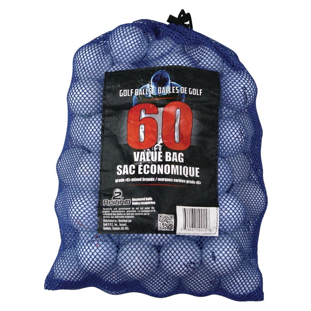 Mixed Recycled Golf Balls, bag of 60 by Mulligan, in a blue reusable mesh drawstring bag filled with 60 white Grade C recycled golf balls from mixed brands, ideal for practice and driving ranges, featuring a black label with quantity and value bag information in English and French.