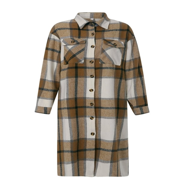Women Plaid Windbreaker Coat Button-down Long Sleeve Lapel Jacket With Pockets Fall Spring Outwear