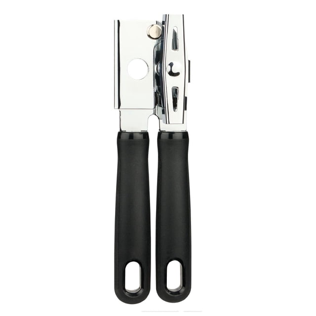 Mainstays Stainless Steel Can Opener, Black with chrome cutting head and ergonomic black handles, featuring a smooth-turning knob for easy can opening by left- and right-handed users, a durable kitchen utensil designed for comfort and convenience.