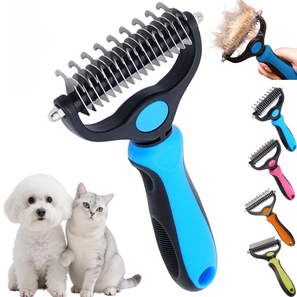 Pet Grooming Tool, Double Sided Deshedding Brush and Dematting Comb, Undercoat Rake for Long Haired Pets, Essential Cat Grooming Supplies