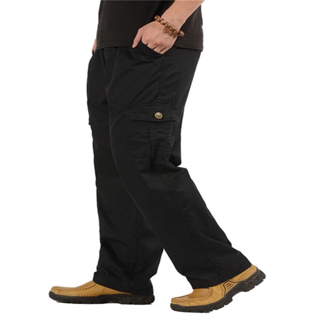Mens Loose Cargo Pants Casual Elastic Waist Solid Color Straight Leg Work Pants