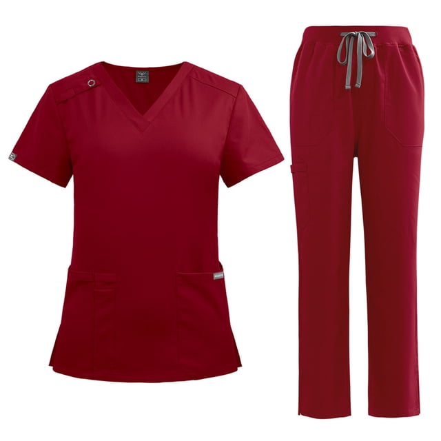Ktyne Ensembles de Sarraus Rouges pour Femmes, Uniforme d'Infirmière Extensible, Haut de Sarrau à Manches Courtes et Pantalon Jogger, Tenue de Sarrau de Couleur Unie avec Multiples Poches, Rouge Foncé L