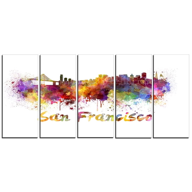 Design Art San Francisco Skyline Canvas Print featuring a five-panel gallery wrapped cotton canvas with vibrant watercolor splashes. It depicts the San Francisco skyline silhouette including the Golden Gate Bridge and city buildings in multicolored hues. The words 'San Francisco' appear in colorful brushstrokes below. Ready to hang with included hardware, ideal for modern home or office décor.
