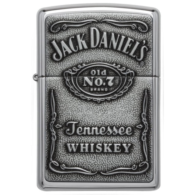 Zippo Jack Daniel’s Label-Pewter Emblem windproof lighter with high polish chrome finish and textured pewter emblem showing Jack Daniel’s Old No. 7 Tennessee Whiskey branding, refillable for lifetime use and suitable for camping and outdoor gear.