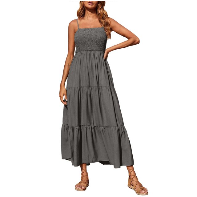 Tumotour Robes d'Été pour Femmes Col Rond Couleur Unie Camisole Robe Décontractée Longueur Thé Sans Manches Bretelles Spaghetti Robe Bohème Évasée Fluide Coupe Ample Robes de Vacances pour Sortir Fête Plage Rendez-Vous