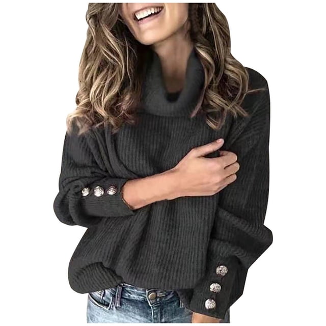 Bigersell Turtleneck Sweater Women Plus Size Winter Knit Sweater Style ST-1 Polyester Solid Cuff Sleeve Turtle Neck Knitted Long Sleeve Pullover Sweaters Tops Y-Black XXL