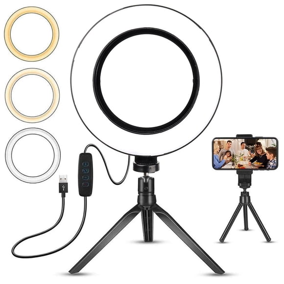 MesaSe LED Ring Light 6 with Tripod Stand for YouTube Video and Makeup Mini LED Camera Light with Cell Phone Holder Desktop LED Lamp with 3 Light Modes & 10 Brightness Level