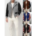 thumbnail image 3 of FOCUSNORM Men's Zip Up Patchwork Jacket Woolen Leather Long Sleeve Contrast Color Lapel Neck Casual Coat, 3 of 8