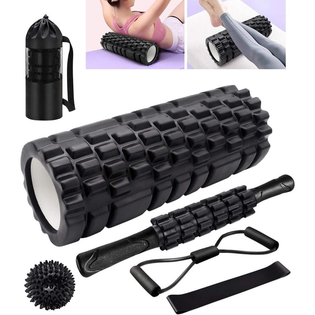Foam Roller Set Foam Rollers for Deep Tissue Massage in Roller Massage Set with Muscle Roller Stick Exercise Resistance Bands Massage Ball M & Low Density Foam Roller for Ba