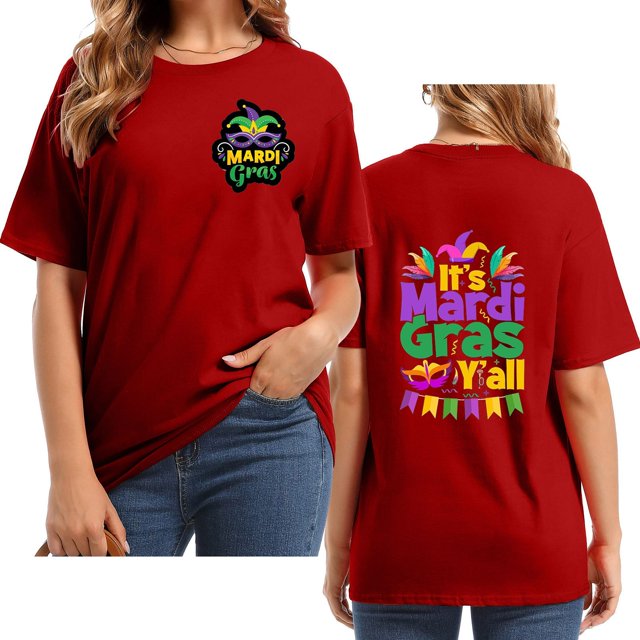 Outfmvch T-Shirts Mardi Gras pour Femmes, T-Shirts Graphiques, T-Shirts de Carnaval, Vêtements Mardi Gras, T-Shirt à Manches Courtes Col Rond Imprimé Lettre Rouge TG