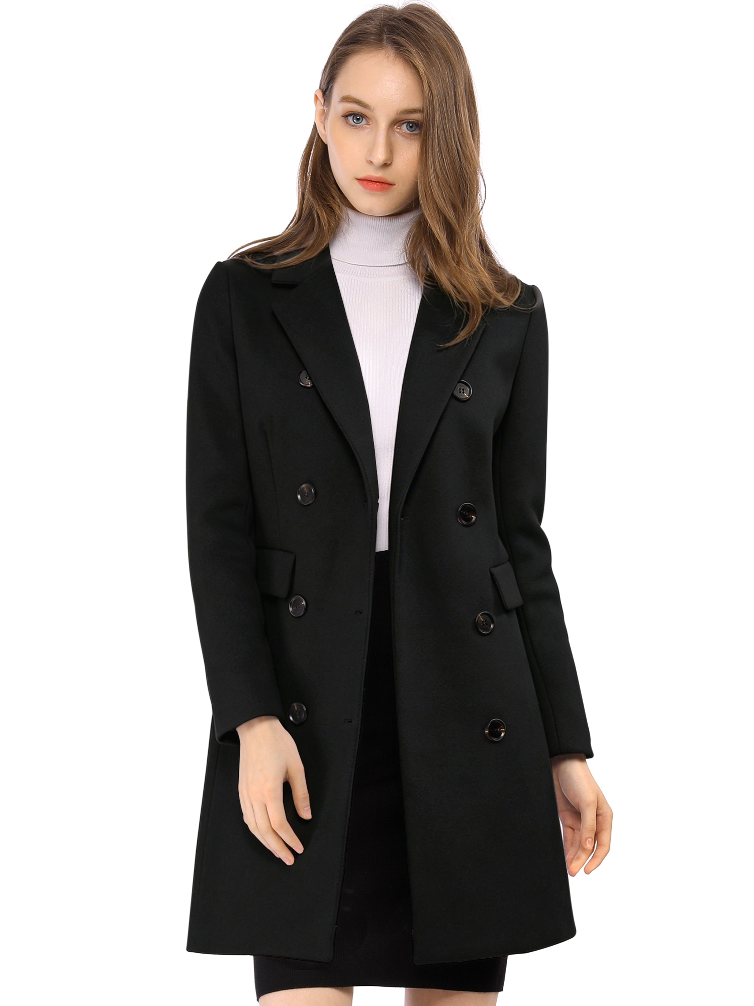 INSPIRE CHIC Manteau Mi-Long à Double Boutonnage pour Femme à Col à Revers Cranté