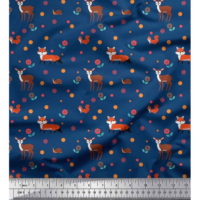 Soimoi Poly Georgette Fabric Floral,Deer & Fox Kids Print Fabric by The Yard 52 Inch Wide