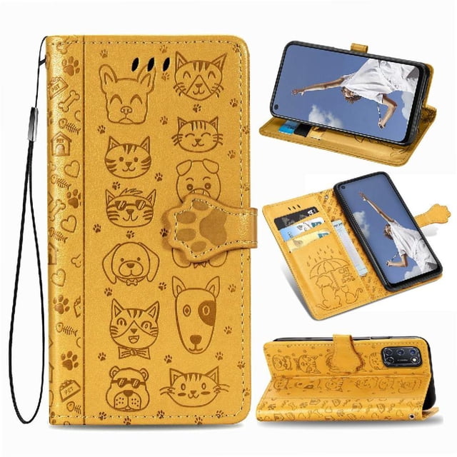 Étui à Rabat pour FOXDOCK OPPO A52 / A72 / A92, Étui à Rabat en Cuir PU Gaufré Chat et Chien avec Fentes pour Cartes, Support