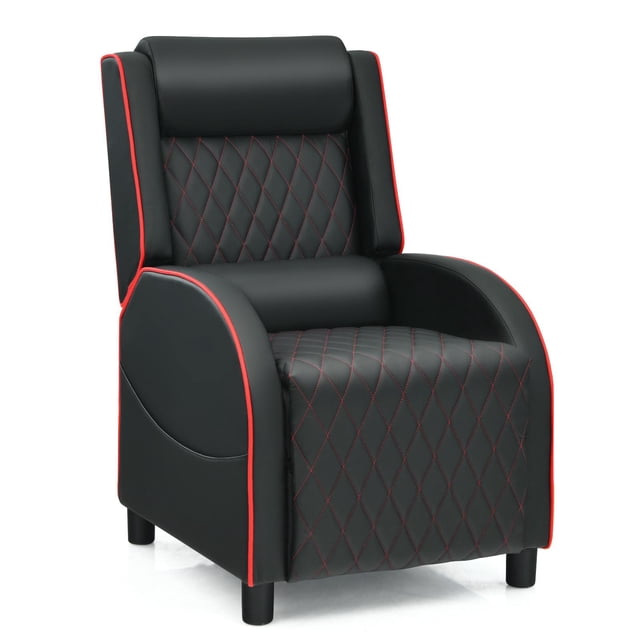 Giantex Massage Gaming Recliner Chair, PU Ergonomic Single Sofa w/Headrest, Lumbar Support, Racing Style, Reclining Home Theater Seating, Red