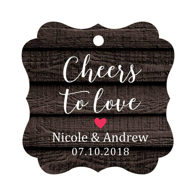 Darling Souvenir Cheers to Love Bottle Tag Personalized Wedding Favor Custom Hang Tags-Dark Wood-100 Tags