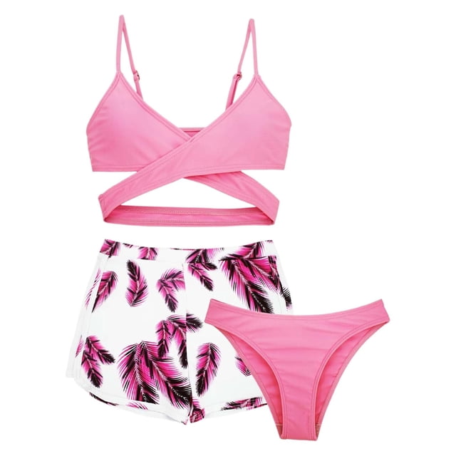 MIASHUI Maillots de Bain Filles Ensemble Bikini 3 Pcs d'Été avec Shorts, Rose, 10-11 Ans